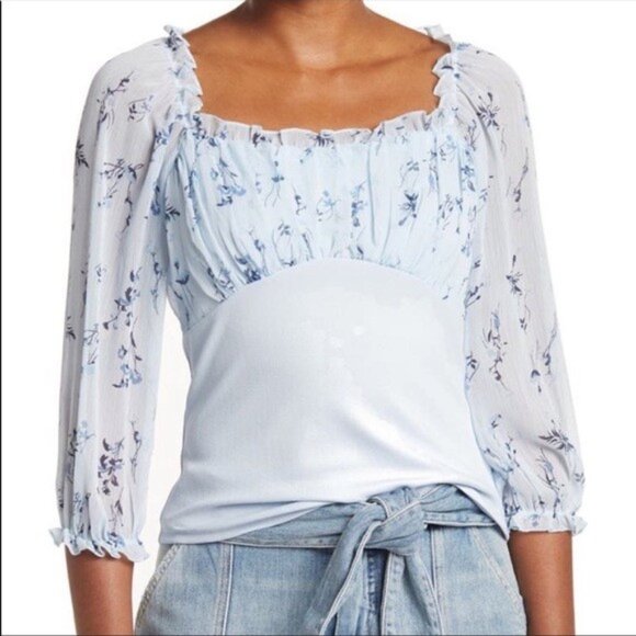 Status by Chenault Floral Chiffon Ruffle Blouse 3/4 Sleeve Top Light Blue NEW - Picture 1 of 7